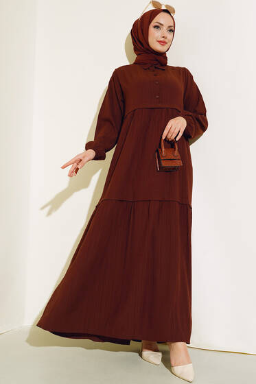 Gömlek Yaka Pileli Elbise Kahve - Tesettür Elbise