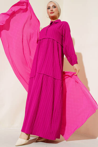 Gömlek Yaka Pileli Elbise Menekşe - Tesettür Elbise