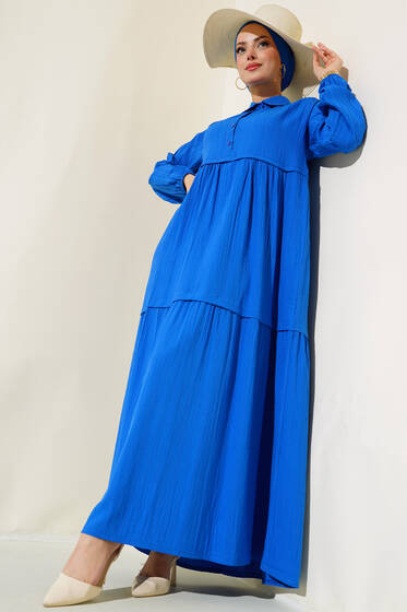 Gömlek Yaka Pileli Elbise Saks - Tesettür Elbise