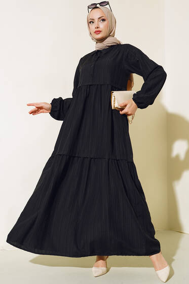 Gömlek Yaka Pileli Elbise Siyah - Tesettür Elbise