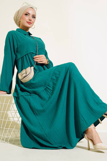 Gömlek Yaka Pileli Elbise Zümrüt Yeşili - Tesettür Elbise