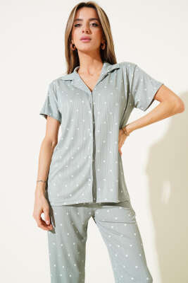 Gömlek Yaka Puantiyeli Pijama Takımı Çağla Yeşili - Kadın Pijama Takımı