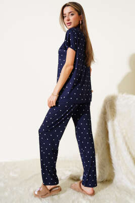 Gömlek Yaka Puantiyeli Pijama Takımı Lacivert - Kadın Pijama Takımı