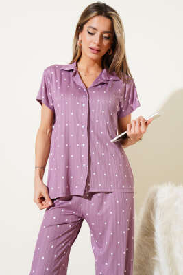 Gömlek Yaka Puantiyeli Pijama Takımı Lila - Kadın Pijama Takımı