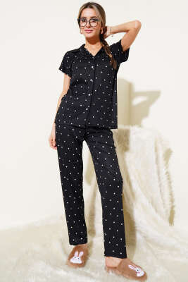 Gömlek Yaka Puantiyeli Pijama Takımı Siyah 