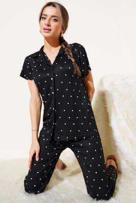 Gömlek Yaka Puantiyeli Pijama Takımı Siyah - Kadın Pijama Takımı