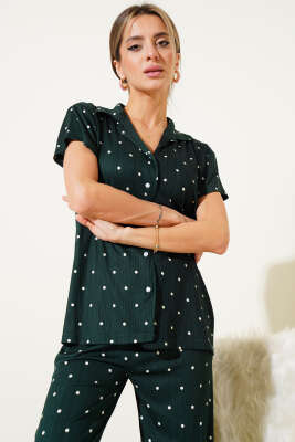 Gömlek Yaka Puantiyeli Pijama Takımı Zümrüt - Kadın Pijama Takımı