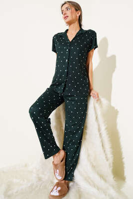 Gömlek Yaka Puantiyeli Pijama Takımı Zümrüt 