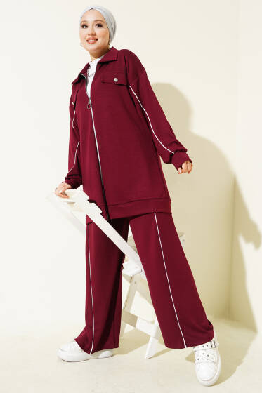 Gömlek Yaka Sahte Cepli Loyşa İkili Takım Bordo - İkili Takım