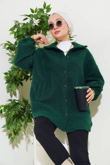 Gömlek Yaka Salaş Buklet Ceket Zümrüt - Ceket