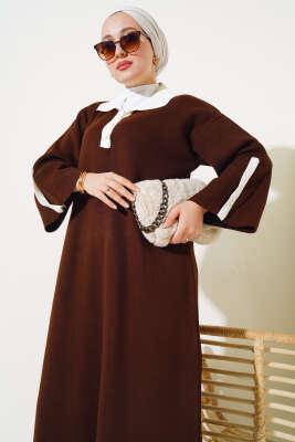 Gömlek Yaka Salaş Triko Elbise Kahve - Tesettür Elbise