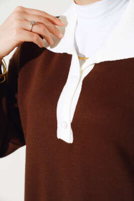 Gömlek Yaka Salaş Triko Elbise Kahve - Tesettür Elbise