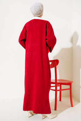 Gömlek Yaka Salaş Triko Elbise Kırmızı - Tesettür Elbise