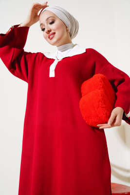 Gömlek Yaka Salaş Triko Elbise Kırmızı - Tesettür Elbise