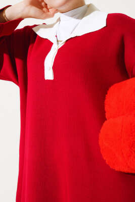 Gömlek Yaka Salaş Triko Elbise Kırmızı - Tesettür Elbise