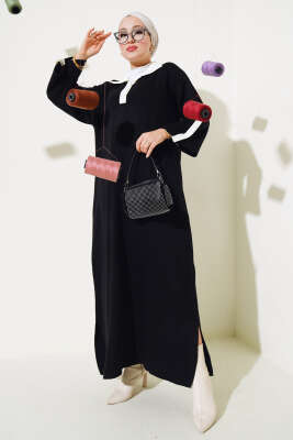 Gömlek Yaka Salaş Triko Elbise Siyah - Tesettür Elbise