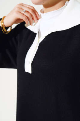 Gömlek Yaka Salaş Triko Elbise Siyah - Tesettür Elbise