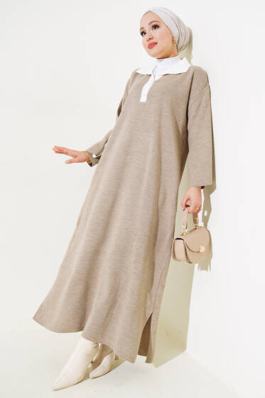 Gömlek Yaka Salaş Triko Elbise Vizon - Elbise