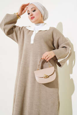 Gömlek Yaka Salaş Triko Elbise Vizon - Tesettür Elbise