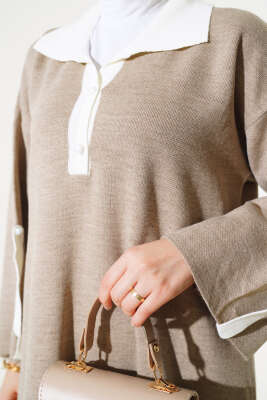 Gömlek Yaka Salaş Triko Elbise Vizon - Tesettür Elbise