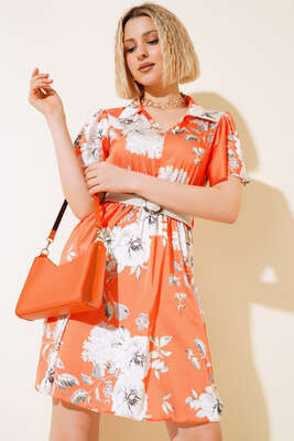 Gömlek Yaka Saten Elbise Oranj - Kadın Giyim Modelleri