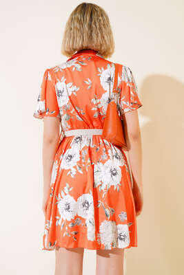 Gömlek Yaka Saten Elbise Oranj - Kadın Giyim Modelleri