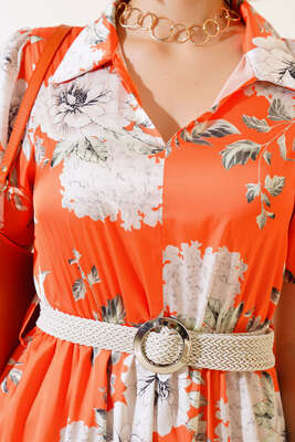 Gömlek Yaka Saten Elbise Oranj - Thumbnail