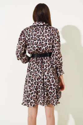 Gömlek Yaka Saten Midi Elbise Leopar - Kadın Giyim Modelleri