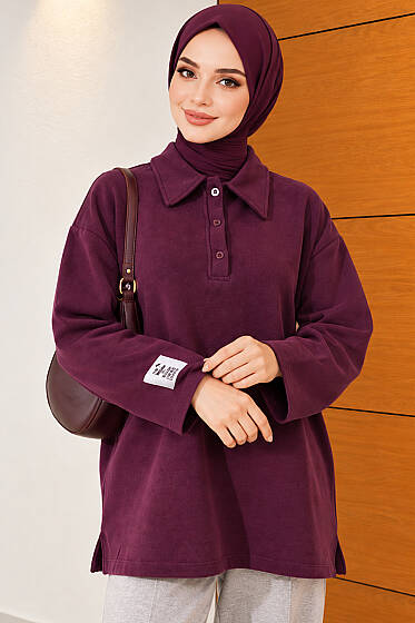 Gömlek Yaka Selanik Kumaş Tunik Mürdüm - Tunik