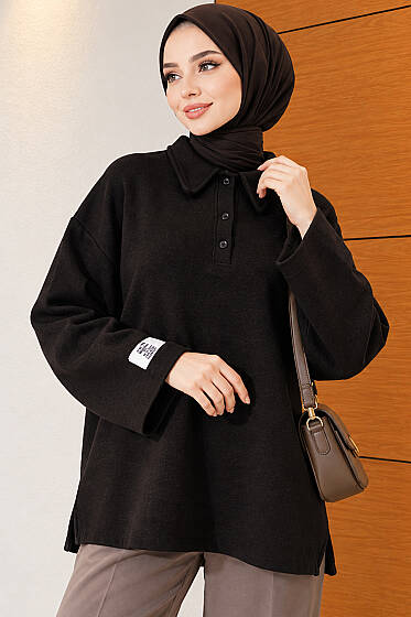 Gömlek Yaka Selanik Kumaş Tunik Siyah - Tunik