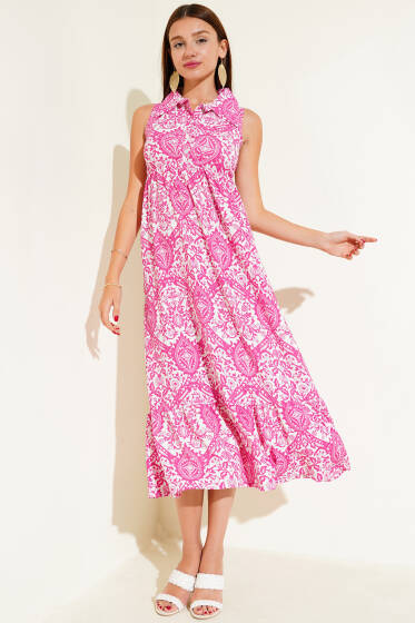 Gömlek Yaka Sıfır Kol Desenli Elbise Pembe - Kadın Giyim Modelleri