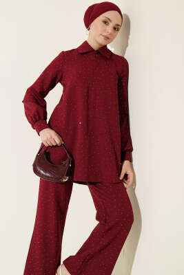 Gömlek Yaka Taş Süslemeli İkili Takım Bordo - CNR TEKSTİL