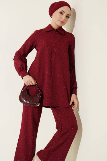 Gömlek Yaka Taş Süslemeli İkili Takım Bordo - İkili Takım