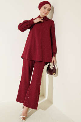 Gömlek Yaka Taş Süslemeli İkili Takım Bordo - İkili Takım