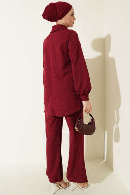 Gömlek Yaka Taş Süslemeli İkili Takım Bordo - İkili Takım