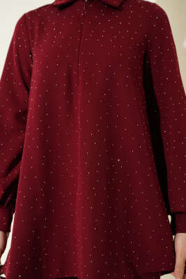 Gömlek Yaka Taş Süslemeli İkili Takım Bordo - İkili Takım