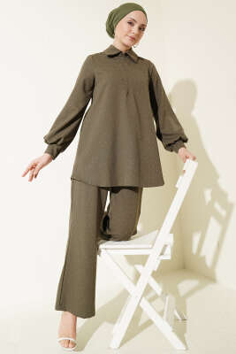 Gömlek Yaka Taş Süslemeli İkili Takım Haki - CNR TEKSTİL