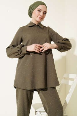 Gömlek Yaka Taş Süslemeli İkili Takım Haki - İkili Takım