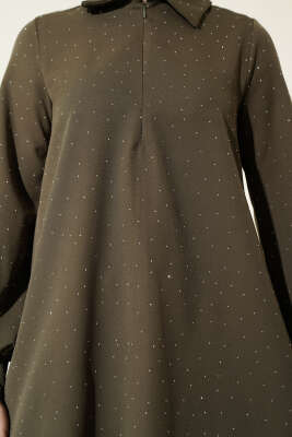 Gömlek Yaka Taş Süslemeli İkili Takım Haki - İkili Takım