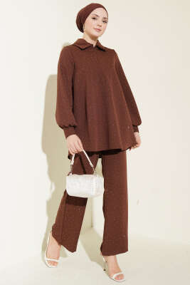 Gömlek Yaka Taş Süslemeli İkili Takım Kahve - CNR TEKSTİL