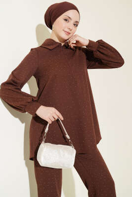 Gömlek Yaka Taş Süslemeli İkili Takım Kahve - İkili Takım