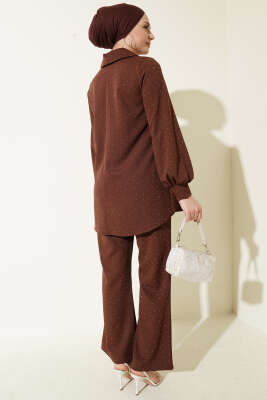 Gömlek Yaka Taş Süslemeli İkili Takım Kahve - İkili Takım