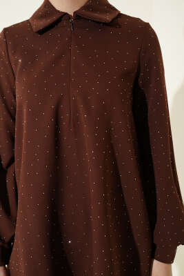 Gömlek Yaka Taş Süslemeli İkili Takım Kahve - İkili Takım