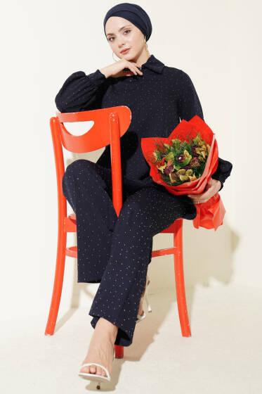 Gömlek Yaka Taş Süslemeli İkili Takım Lacivert - İkili Takım