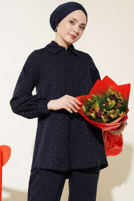 Gömlek Yaka Taş Süslemeli İkili Takım Lacivert - İkili Takım