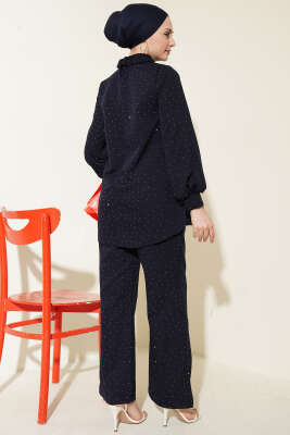 Gömlek Yaka Taş Süslemeli İkili Takım Lacivert - İkili Takım