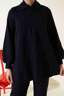 Gömlek Yaka Taş Süslemeli İkili Takım Lacivert - İkili Takım