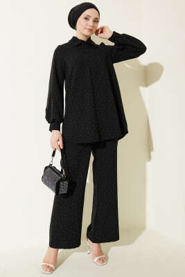 Gömlek Yaka Taş Süslemeli İkili Takım Siyah - CNR TEKSTİL