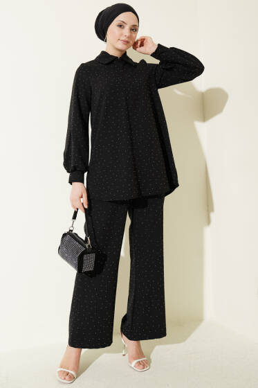 Gömlek Yaka Taş Süslemeli İkili Takım Siyah - İkili Takım