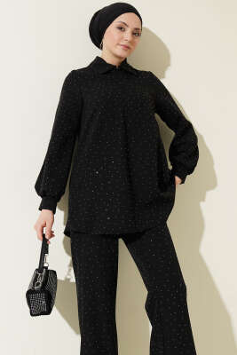 Gömlek Yaka Taş Süslemeli İkili Takım Siyah - İkili Takım